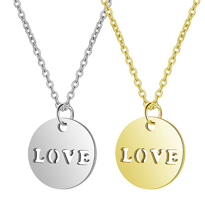 201 Stainless Steel Pendants Necklaces, with Cable Chains, Flat Round with Word LOVE