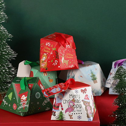 Trapezoid Paper Bakery Boxes, with Ribbon, with NO Tag, for Mini Cake Cupcake Cookie Packing, Christmas Theme