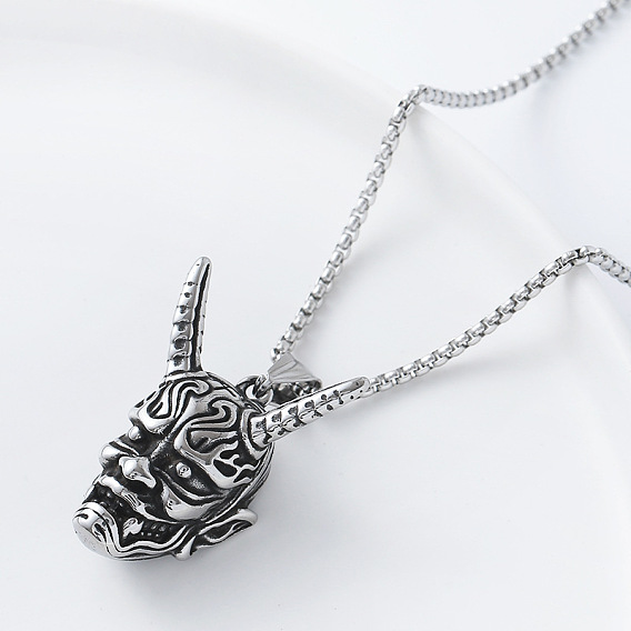 Панк-стиль 304 подвеска в виде японской маски но из нержавеющей стали, цепочка-коробочка для мужчин