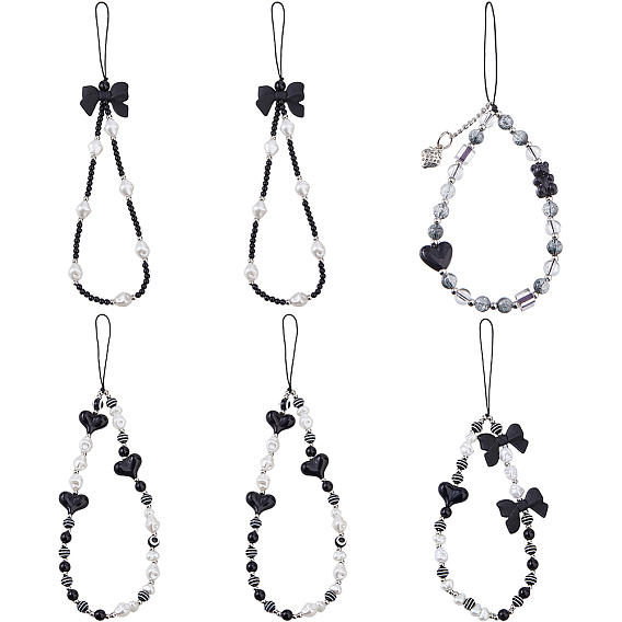 6шт. 4 стили: ремешки для мобильных телефонов из пластика с бантиком и сердечком, украшение мобильных аксессуаров