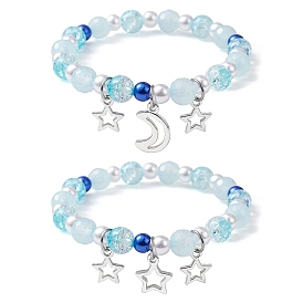 2Pcs 2 Style ABS Plastic Imitation Pearl & Acrylic Beaded Stretch Bracelets Set, Moon & Star Alloy Charms Stackable Bracelets