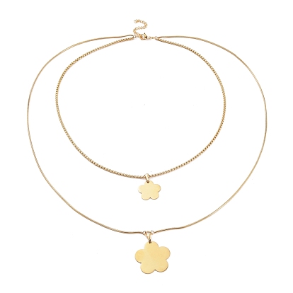 304 Stainless Steel Double Layer Necklaces, with Box Chains & Snake Chains, Flower