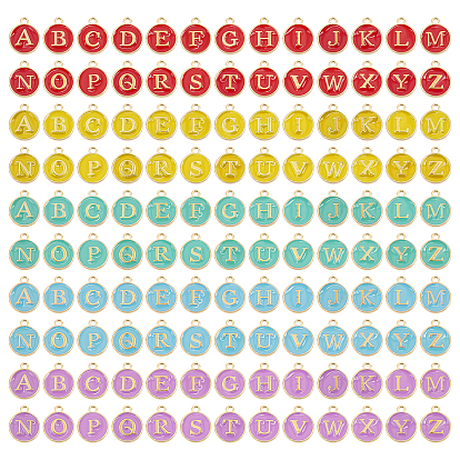 Vergoldete Legierungs-Emaille-Anhänger, emaillierte Pailletten, flach rund mit Alphabet, Buchstabe a ~ z