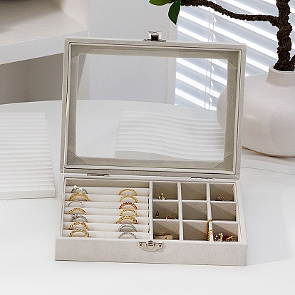 Rectangle Velvet Jewelry Organizer Boxes, Clear Visible Window Case for Rings, Earrings, Necklaces