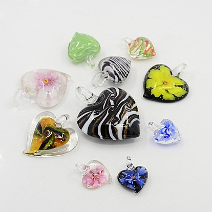 Идеально Валентина подарок для своих смешанных цветовых ручной работы Lampwork сердца подвесками, 22~56x21~43x9.5~12 мм, отверстие : 3~6 мм