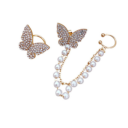 Asymmetric Butterfly Pearl Chain Ear Cuff - Sweet, Elegant, Minimalist Ear Clip Earrings.