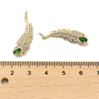 Brass Micro Pave Cubic Zirconia Pendants, with Glass, Jump Ring, Long-Lasting Plated, Feather