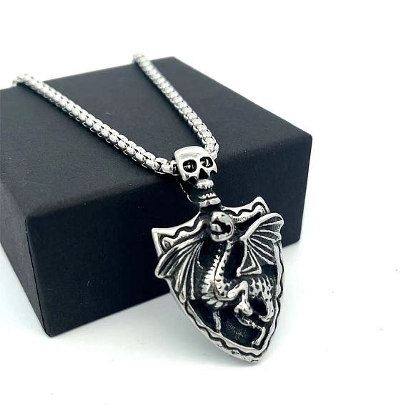 Винтажный 304 щит из нержавеющей стали в виде черепа с подвеской в виде дракона, цепочка для мужчин, не тускнеет