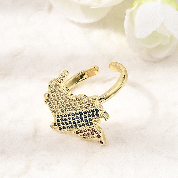 Brass Micro Pave Cubic Zirconia Cuff Open Rings, Map, Rack Plating, Long-Lasting Plated, Cadmium Free & Lead Free