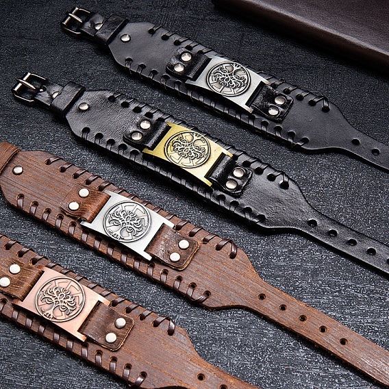 Браслеты из искусственной кожи викингов, Сплав с ссылками, прямоугольник с деревом жизни