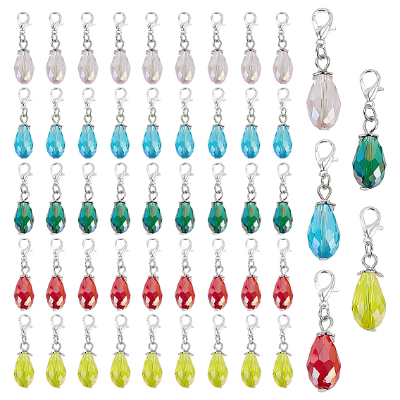50 шт. 5 цвета гальванизированные стеклянные подвесные украшения, слеза, с цинковым сплавом застежками омаров коготь, граненые