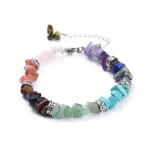 Chip Natural & Synthetic Mixed Stone Bracelets, with Tibetan Style Alloy Beads and Stainless Steel Findings
