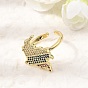 Brass Micro Pave Cubic Zirconia Cuff Open Rings, Map, Rack Plating, Long-Lasting Plated, Cadmium Free & Lead Free