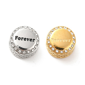 304 Stainless Steel European Beads, with Enamel & Rhinestone, Large Hole Beads, Flat Round with Word Forever