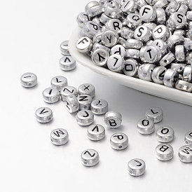 Silver Color Plated Acrylic Horizontal Hole Letter Beads, Flat Round, 7x3.5mm, Hole: 1mm