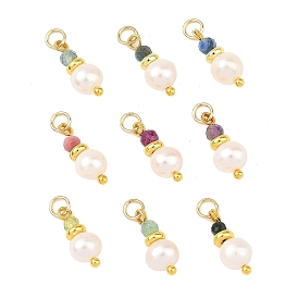 9pcs 9 colgantes elegantes con cuentas de perlas y piedras naturales facetadas, Dijes redondos con accesorios de latón, dorado
