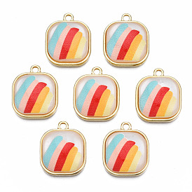 Resin Pendants, with Light Gold Plated Alloy, Cadmium Free & Nickel Free & Lead Free, Square