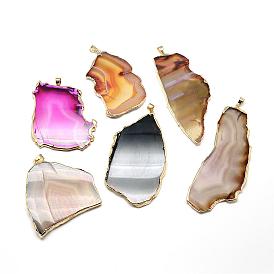 Plated Natural Agate Big Pendants, with Golden Tone Brass Findings, Dyed, Nuggets