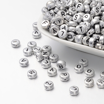 Silver Color Plated Acrylic Horizontal Hole Letter Beads, Flat Round, 7x3.5mm, Hole: 1mm
