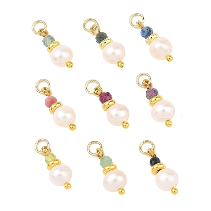9pcs 9 colgantes elegantes con cuentas de perlas y piedras naturales facetadas, Dijes redondos con accesorios de latón, dorado