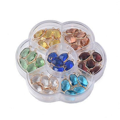 35Pcs 7 Colors K9 Glass Connector Charms, with Light Gold Plated Brass Findings, Oval, Faceted