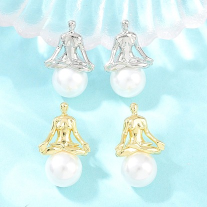 Brass Stud Earrings, Human, with ABS Plastic Imitation Pearl, Lead Free & Cadmium Free, Long-Lasting Plated, Rack Plating