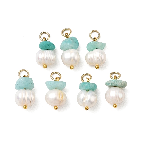 Natural Amazonite and Natural Freshwater Pearl Pendants, Chip and Rice Beaded Charms