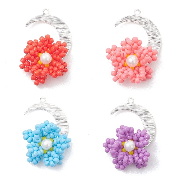 4Pcs 4 Colors Glass Seed Beaded Moon & Flower Pendants, with Brass Link Connectors, Silver