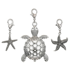 Starfish & Tortoise Alloy Pendant Decorations, with Alloy Lobster Claw Clasps