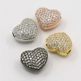 Hollow Heart Brass Cubic Zirconia Beads, 12x13.5x8mm, Hole: 1mm