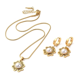 Flower 304 Stainless Steel Jewelry Set, Plastic Pearl Dangle Hoop Earrings and Pendant Necklace