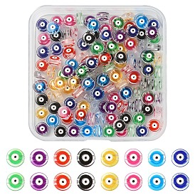 160Pcs 8 Colors Printed Transparent Acrylic Beads, Flat Round with Evil Eye