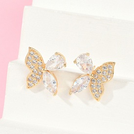 Серьги-гвоздики из латуни с бабочкой из прозрачного кубического циркония для женщин, без кадмия и без свинца, долговечный, стойки покрытие