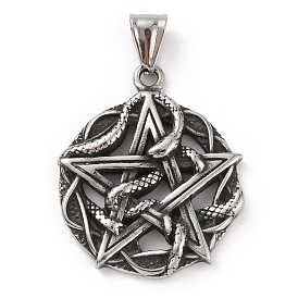 304 Stainless Steel Pendants, with 201 Stainless Steel Snap on Bails, Falt Round with Pentagram & Snake Charms