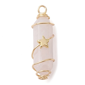 Pendentifs pointus enveloppés de fil de cuivre de pierres précieuses naturelles, Breloques à facettes avec perles étoiles en laiton doré.