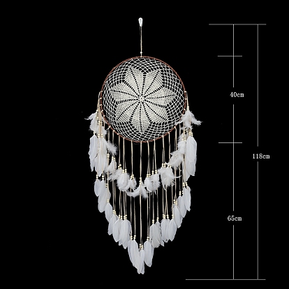 Woven Web/Net with Feather Wall Hanging Decorations, with Iron Ring and Wood Bead, for Home Bedroom Decorations