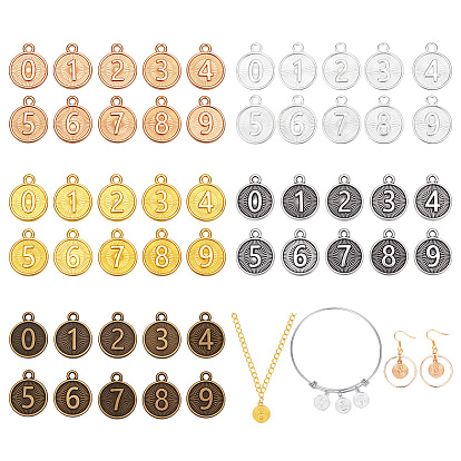 10сумки 5цветные подвески из сплава в тибетском стиле, плоский круглый с подвеской в виде цифры 0~9