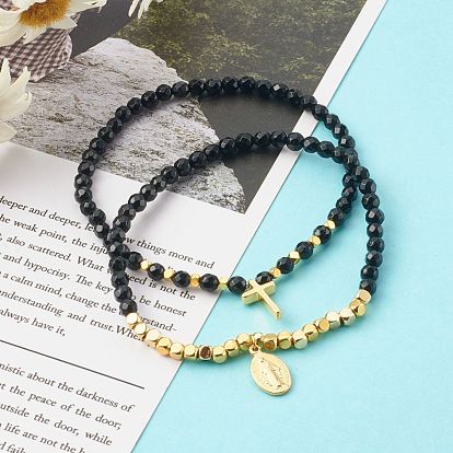 Natural Mixed Gemstone Stretch Charm Bracelets Sets, with Non-magnetic Synthetic Hematite & Brass Cube Beads, Cross & Oval with Virgin Mary, Golden