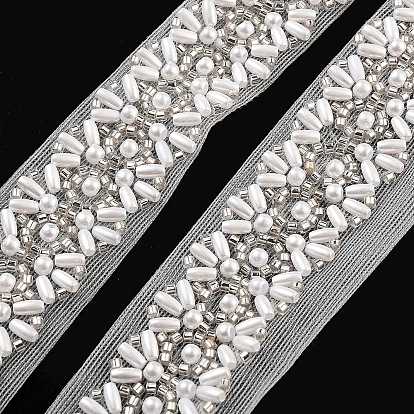 Polyester Flower Lace Trims, with ABS Imitation Pearl Beads and Glass