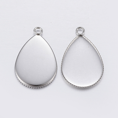 Tarnish Resistant 304 Stainless Steel Pendant Cabochon Settings, Milled Edge Bezel Cups, Teardrop
