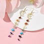 Chakra Theme Natural & Synthetic Mixed Gemstone Chips Beaded Tassel Earrings, Brass Moon & Star Long Dangle Earrings