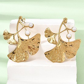 304 Серьги-гвоздики из нержавеющей стали и пластика с жемчугом, гинкго лист