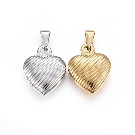 304 Stainless Steel Pendants, Puffed Heart with Stripe Pattern