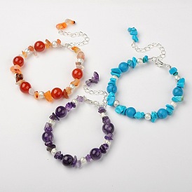 Gemstone Bracelets, with Brass Textured Beads and Alloy Lobster Claw Clasps, Silver Color Plated, 175mm