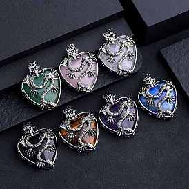 Gemstone Metal Dragon Wrapped Pendants, Heart Charms, Antique Silver
