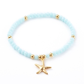 Golden Plated 304 Stainless Steel Stretch Charm Bracelets, with Glass Beads, Starfish