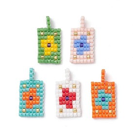 Glass Seed Bead Pendants, Rectangle with Wind Eye Pattern