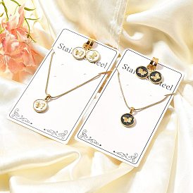 304 Stainless Steel Enamel Pendant Necklaces & Hoop Earring Set for Women, Flat Round with Butterfly, Ion Plating(IP)