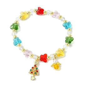 Transparent Glass Butterfly & Imitaiton Pearl Beaded Stretch Bracelets, Christmas Tree Alloy Charm Bracelets for Women