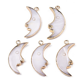 Natural Freshwater Shell Pendants, with Iron Loops, Brass Edge Golden Plated, Moon